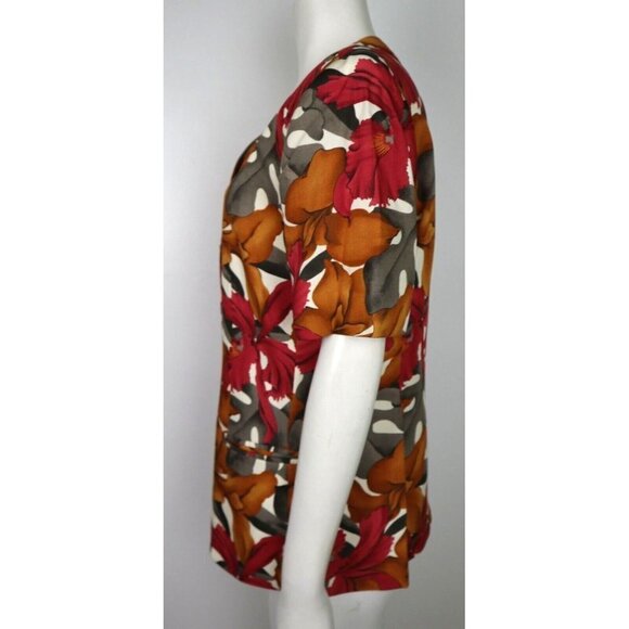 RED & GOLD FLORAL PRINT BLOUSE SHORT SLEEVE JACKET RENA ROWAN FOR SAVILLE - 10 - Picture 3 of 5